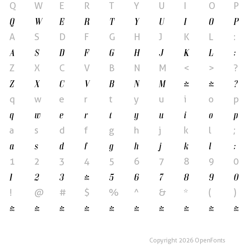 Character Map of FONTSPRING DEMO - Bodoni Z37 S Rg Italic