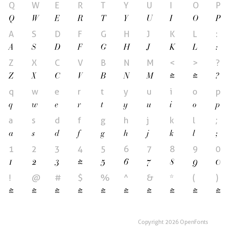 Character Map of FONTSPRING DEMO - BodoniClassic-Italic Regular