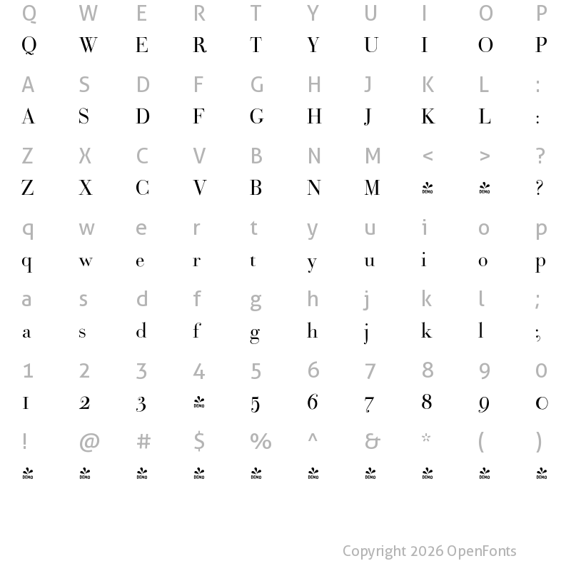 Character Map of FONTSPRING DEMO - BodoniClassic-Roman Regular