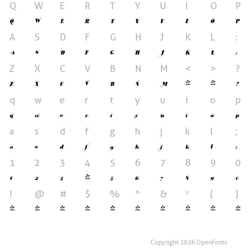 Character Map of FONTSPRING DEMO - BodoniClassicUltraScript Regular