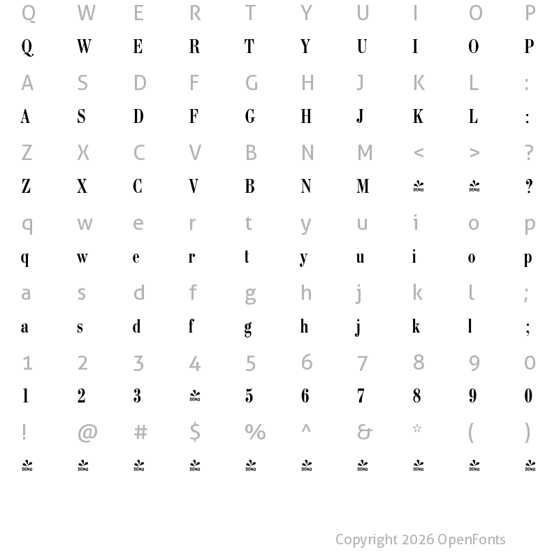 Character Map of FONTSPRING DEMO - BodoniCond Regular