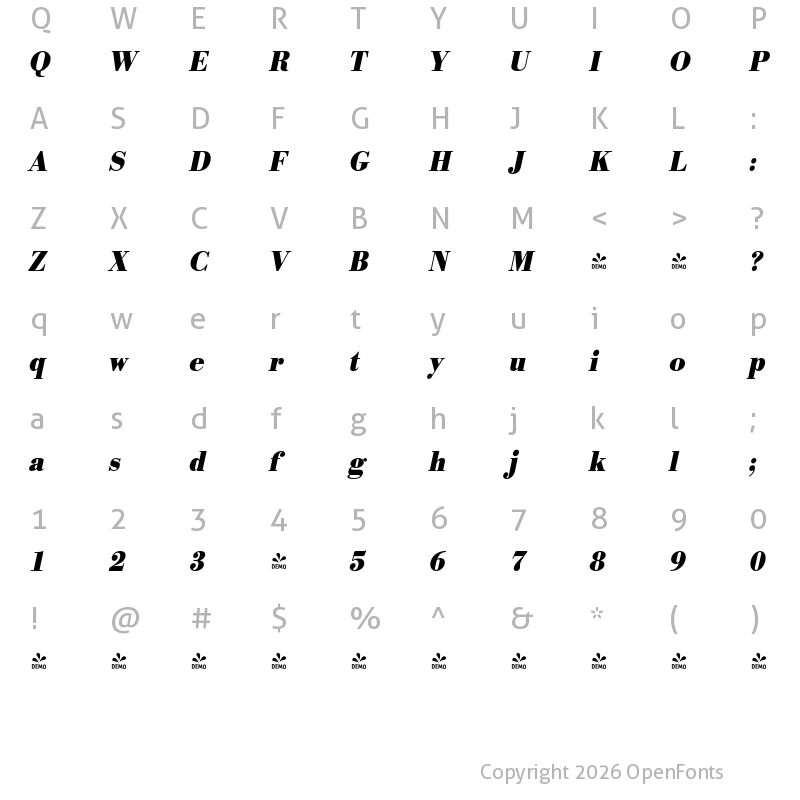 Character Map of FONTSPRING DEMO - BodoniURWExtNar Bold Italic