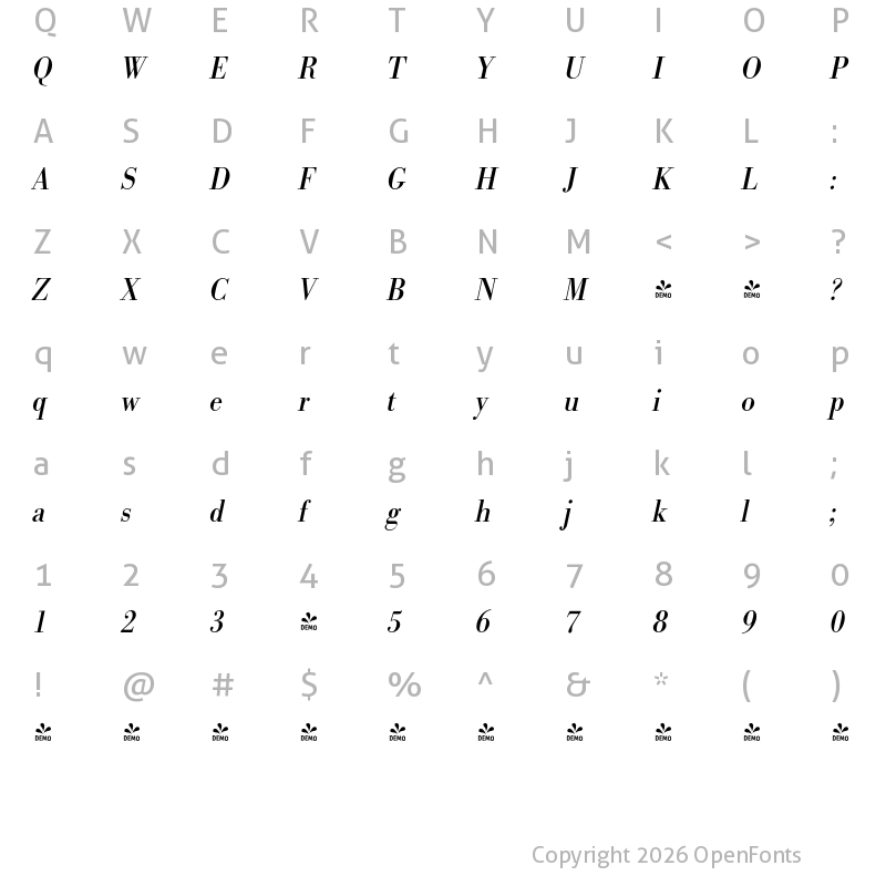 Character Map of FONTSPRING DEMO - BodoniURWExtNar Italic