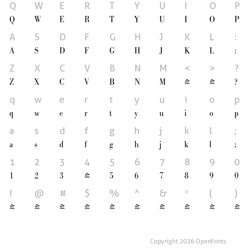 Character Map of FONTSPRING DEMO - BodoniURWExtNarLig Regular