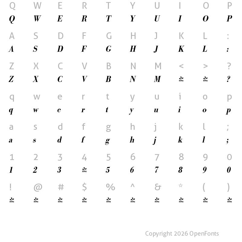 Character Map of FONTSPRING DEMO - BodoniURWExtNarMed Italic