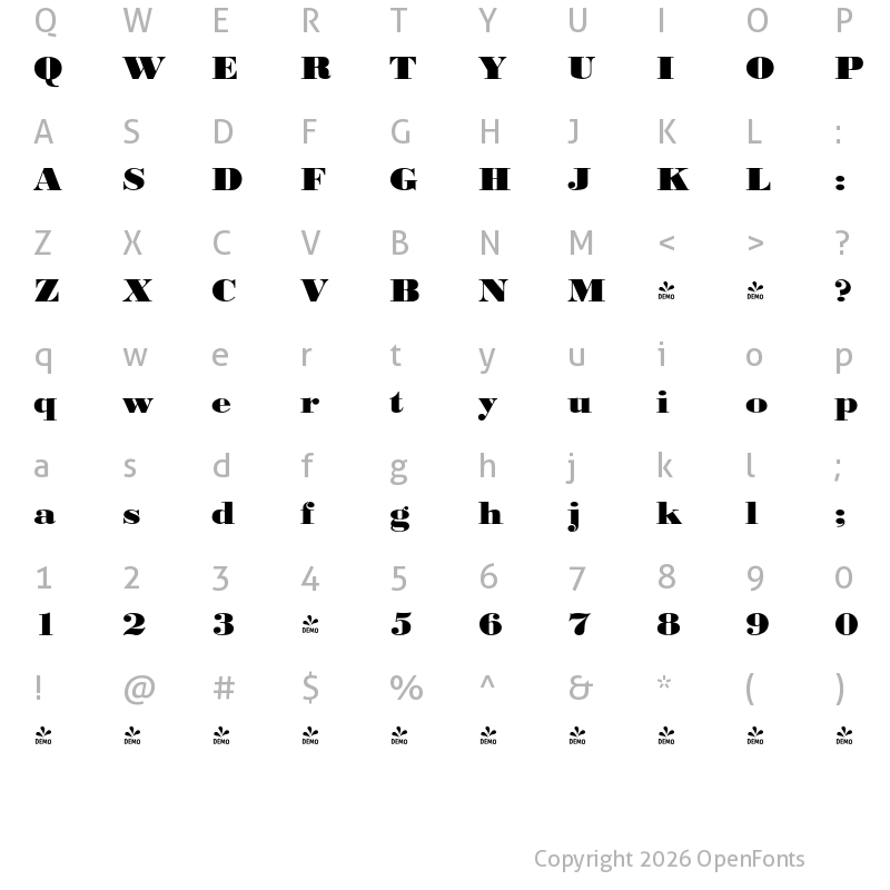 Character Map of FONTSPRING DEMO - BodoniURWExtWidExtBol Regular