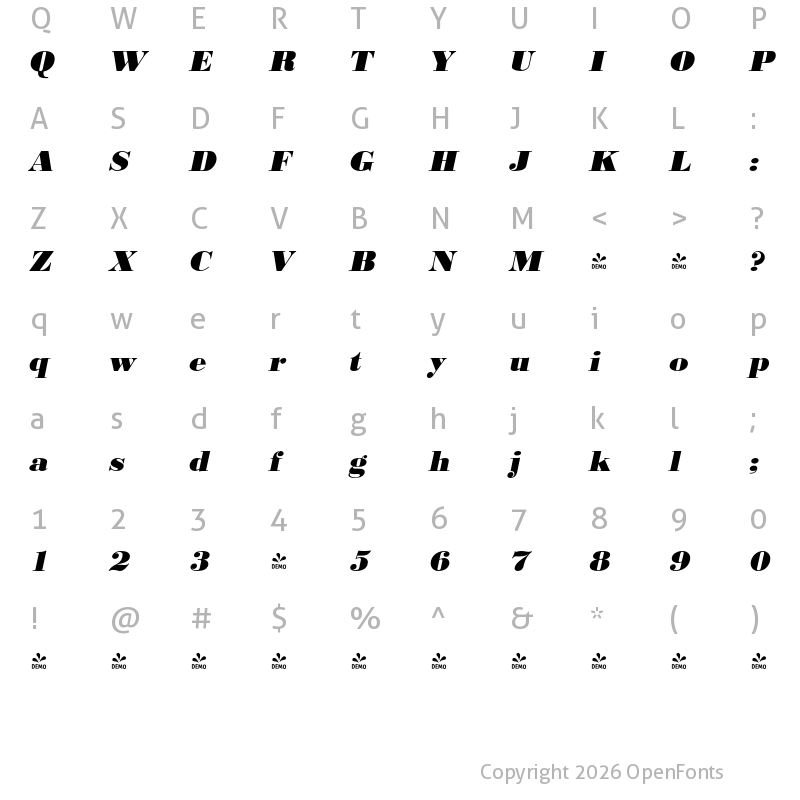 Character Map of FONTSPRING DEMO - BodoniURWWidExtBol Italic