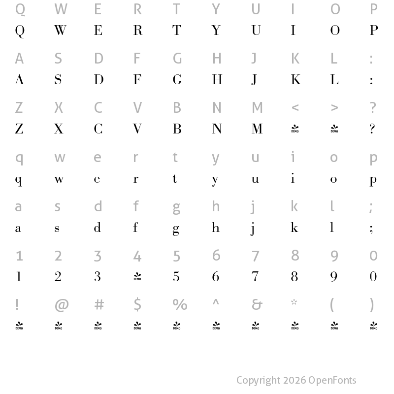Character Map of FONTSPRING DEMO - BodoniURWWidLig Regular