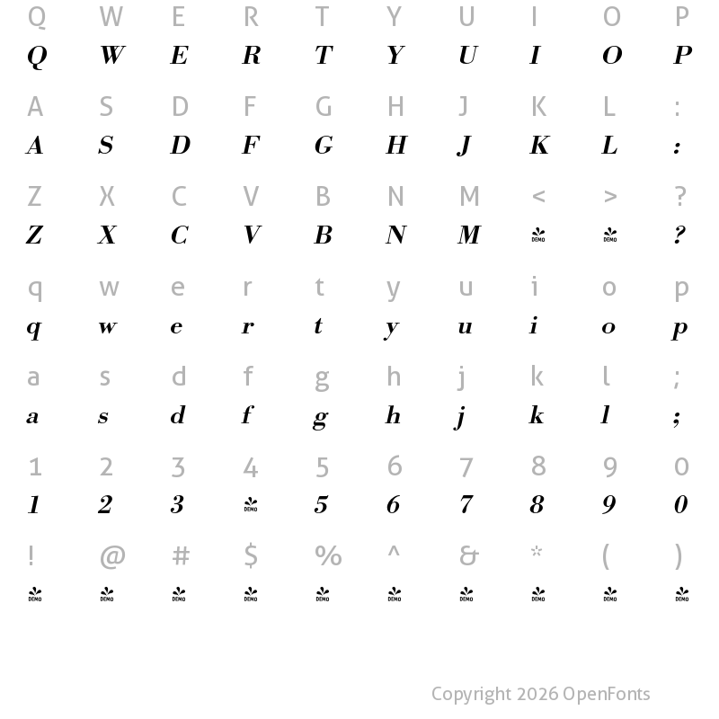 Character Map of FONTSPRING DEMO - BodoniURWWidMed Italic