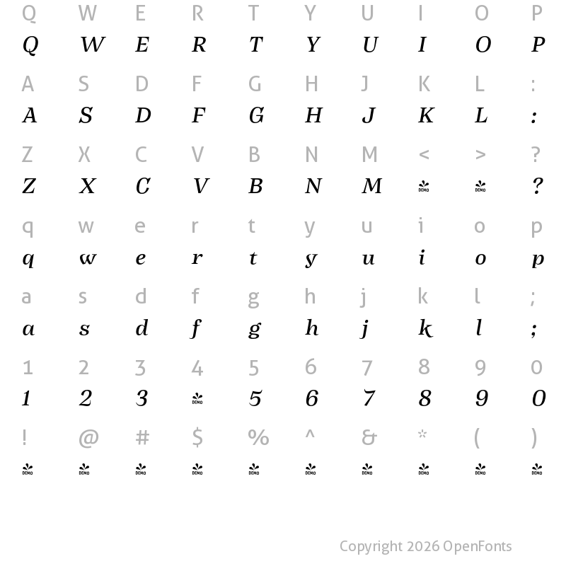 Character Map of FONTSPRING DEMO - Body Medium It Italic