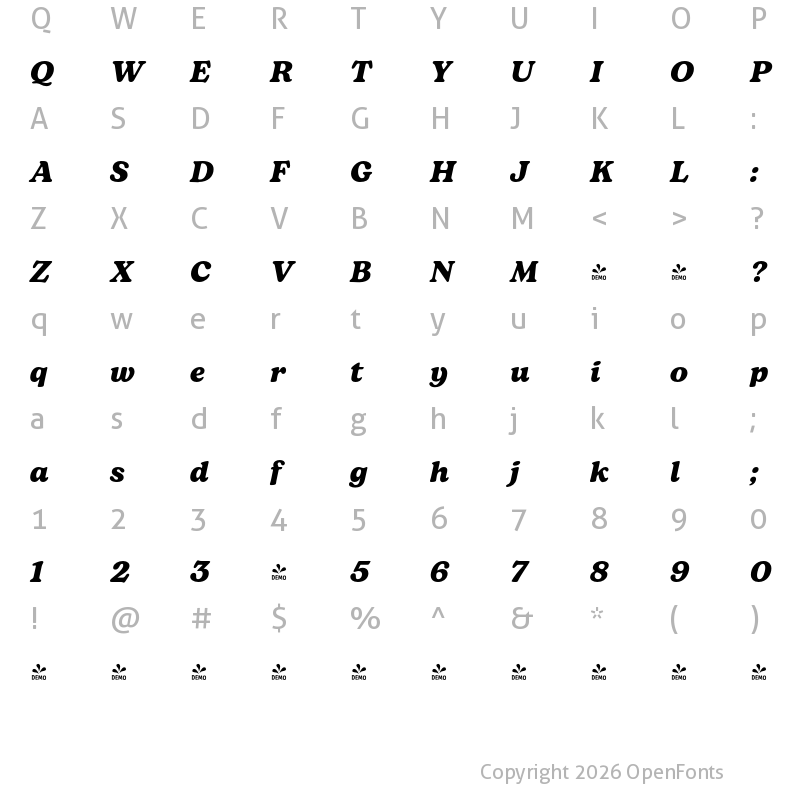 Character Map of FONTSPRING DEMO - Bogart Bold Italic