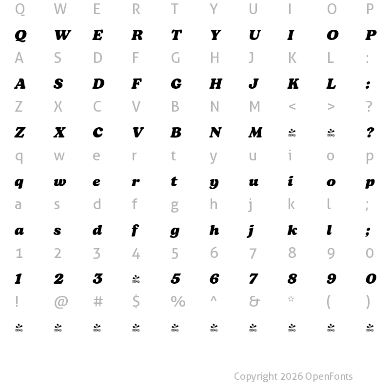 Character Map of FONTSPRING DEMO - Bogart Extrabold Italic