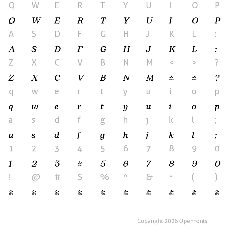 Character Map of FONTSPRING DEMO - Bogart Medium Italic