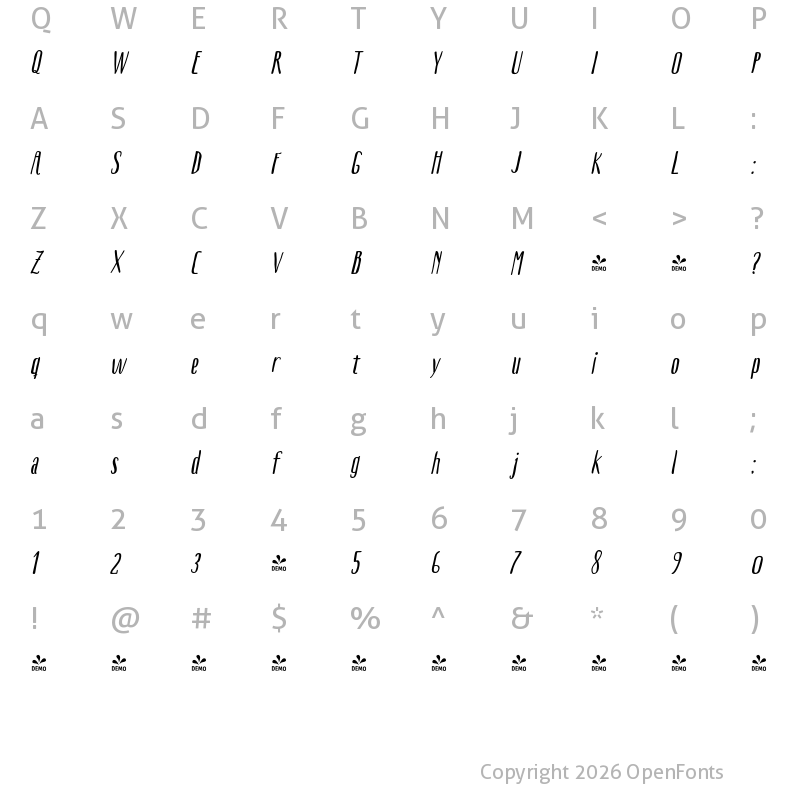 Character Map of FONTSPRING DEMO - Boho Sans Bold Italic