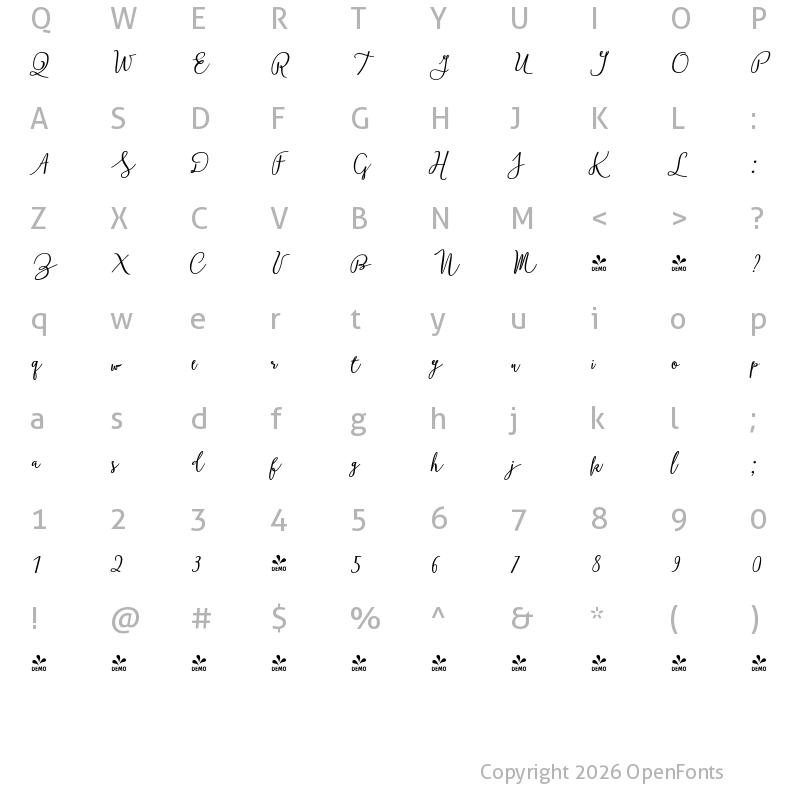 Character Map of FONTSPRING DEMO - Boho Script Bold Italic