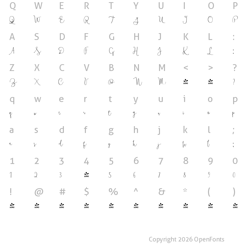 Character Map of FONTSPRING DEMO - Boho Script Drop Regular