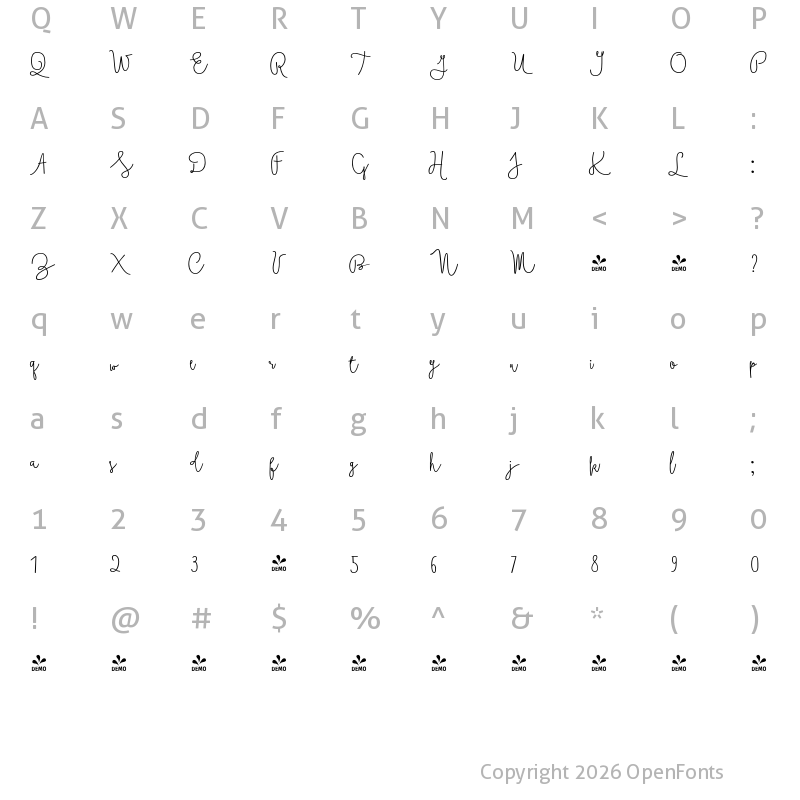 Character Map of FONTSPRING DEMO - Boho Script Line Bold