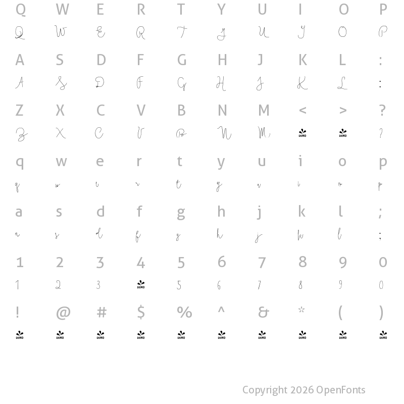Character Map of FONTSPRING DEMO - Boho Script Line Regular