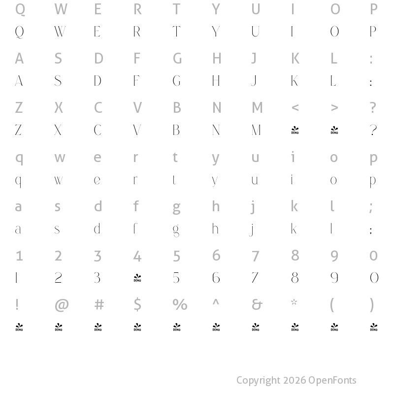 Character Map of FONTSPRING DEMO - Boketto Extra Light Regular