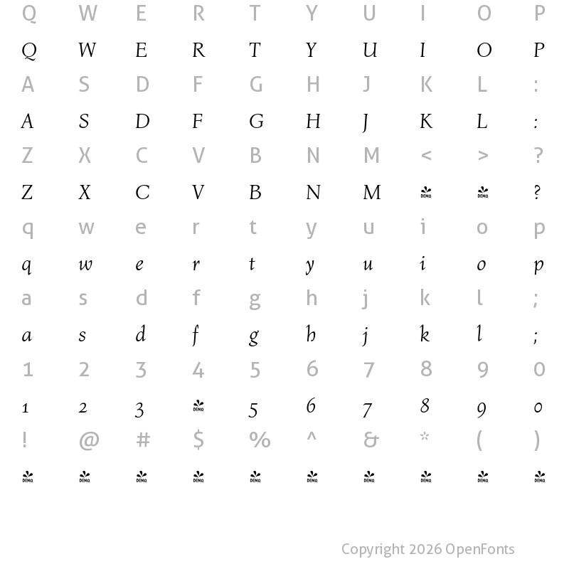 Character Map of FONTSPRING DEMO - Bona Nova Italic
