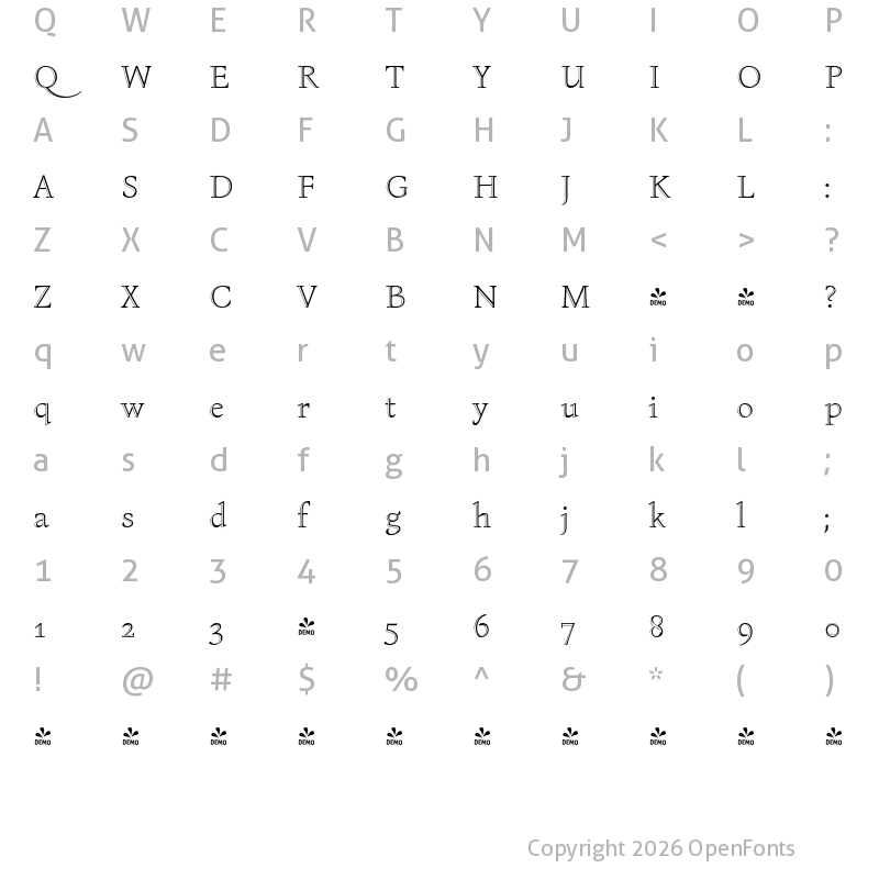Character Map of FONTSPRING DEMO - Bona Sforza Light Regular