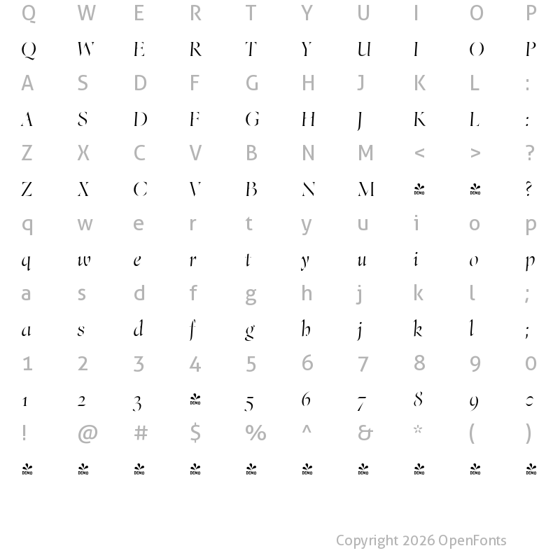 Character Map of FONTSPRING DEMO - Bona Title Italic
