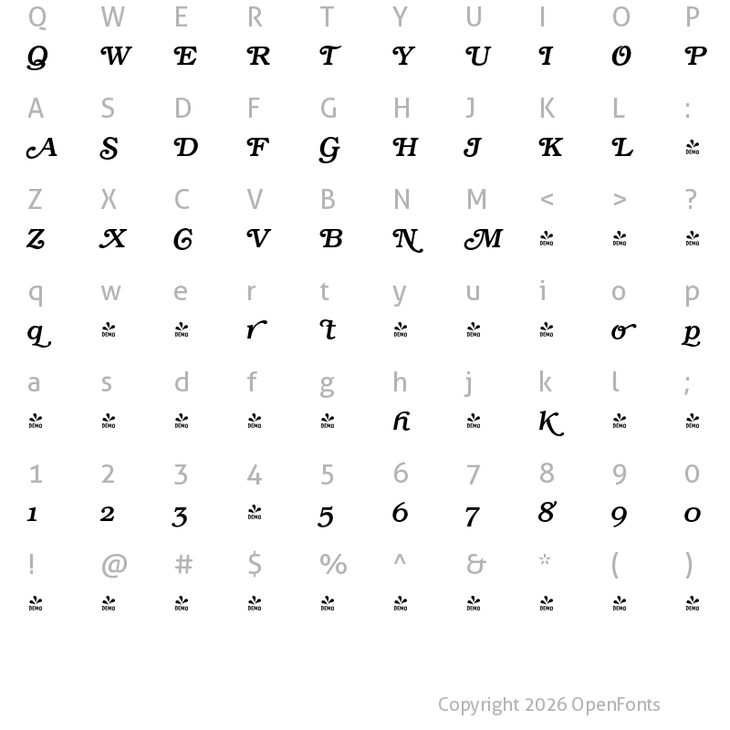 Character Map of FONTSPRING DEMO - Book Swash Medium Italic