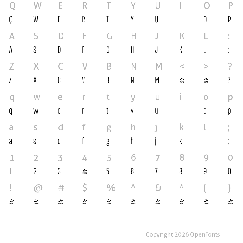 Character Map of FONTSPRING DEMO - Book Ultra Cn Regular