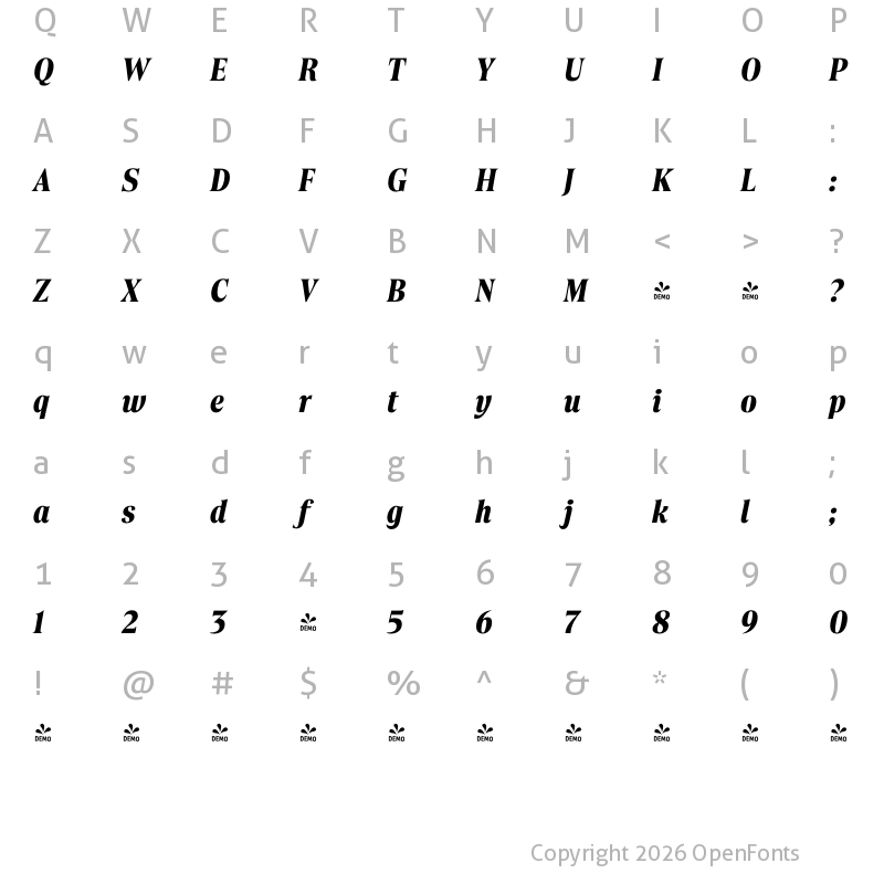 Character Map of FONTSPRING DEMO - Borax Bold Italic