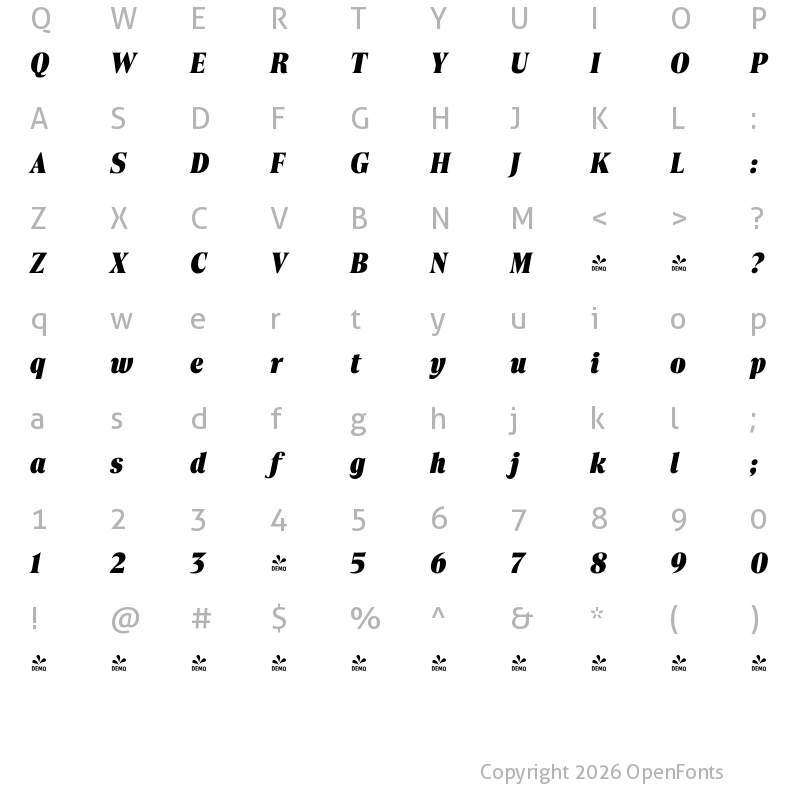 Character Map of FONTSPRING DEMO - Borax Heavy Italic