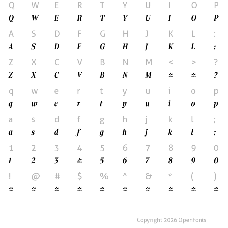 Character Map of FONTSPRING DEMO - Borax Medium Italic