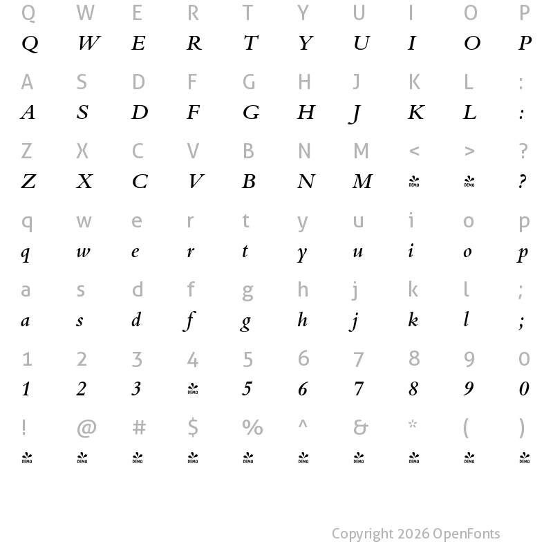 Character Map of FONTSPRING DEMO - Borgia Pro Semibold Italic