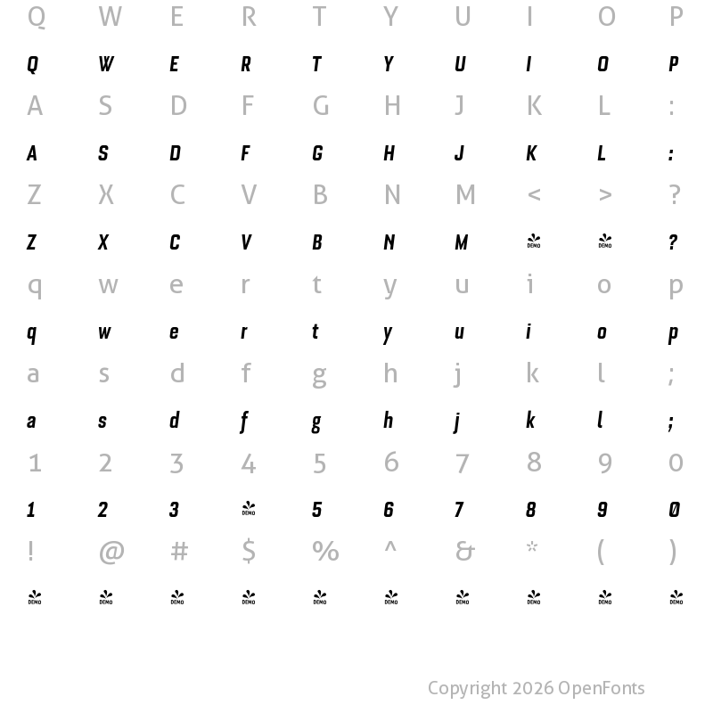 Character Map of FONTSPRING DEMO - Bourgeois Medium Condensed Bold Italic
