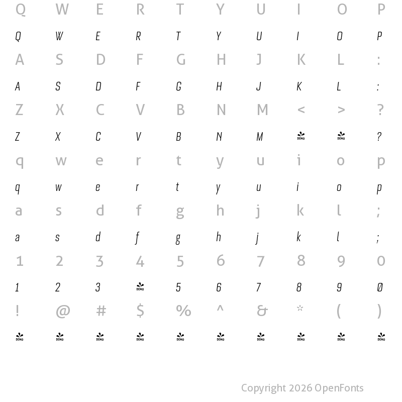 Character Map of FONTSPRING DEMO - Bourgeois Thin Condensed Bold Italic