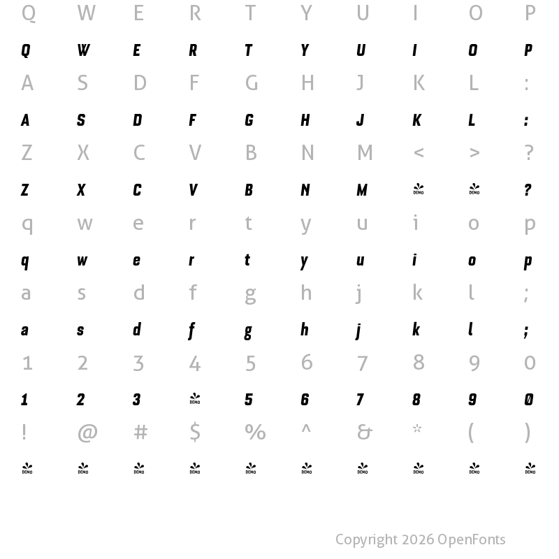 Character Map of FONTSPRING DEMO - Bourgeois UltraBold Condensed Italic