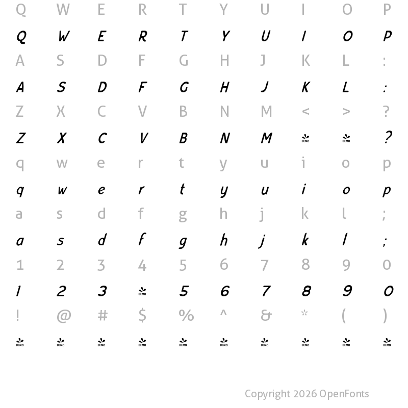 Character Map of FONTSPRING DEMO - Bourne Condensed Oblique Demi Regular