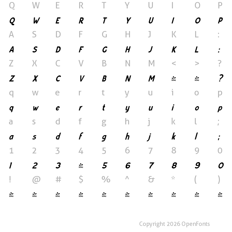 Character Map of FONTSPRING DEMO - Bourne Condensed Oblique Regular
