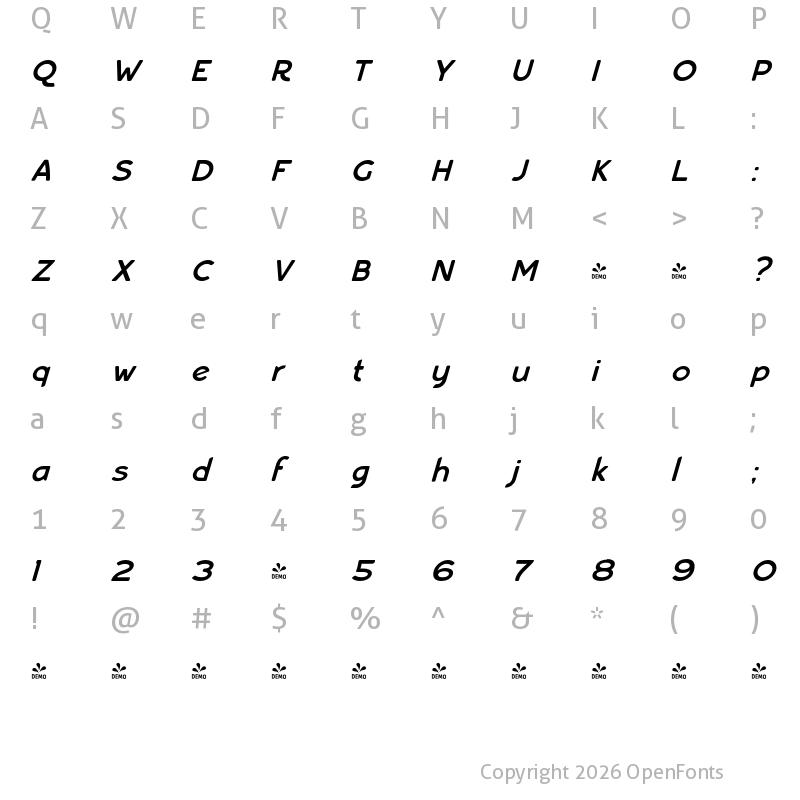 Character Map of FONTSPRING DEMO - Bourne Oblique Demi Regular