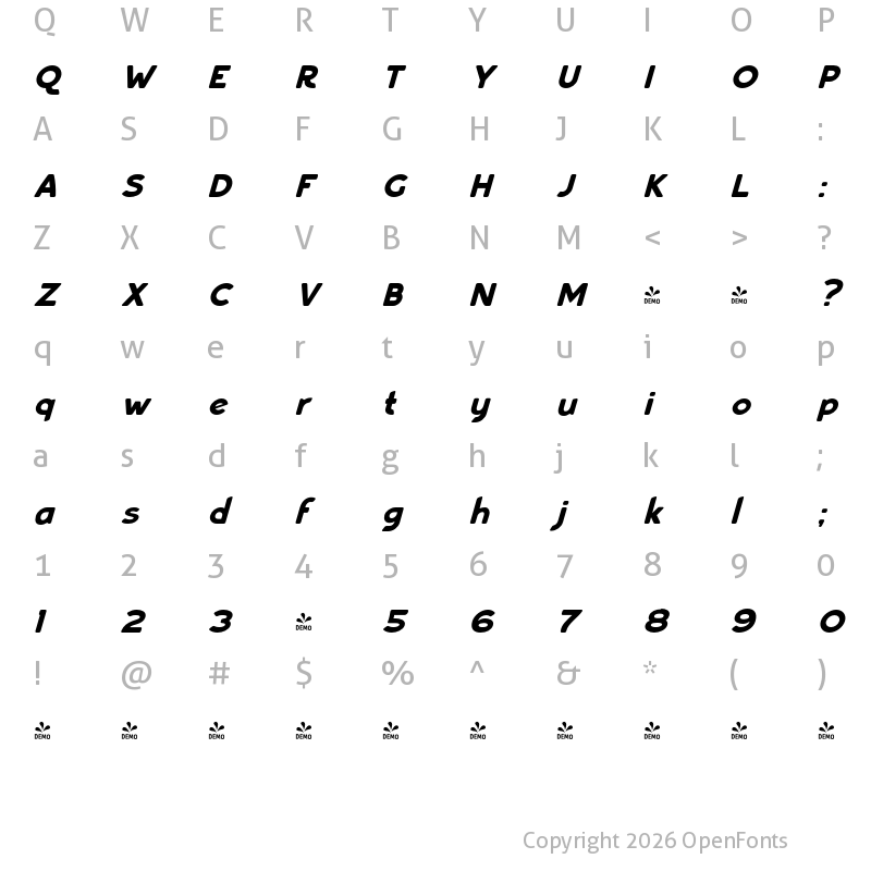 Character Map of FONTSPRING DEMO - Bourne Oblique Regular