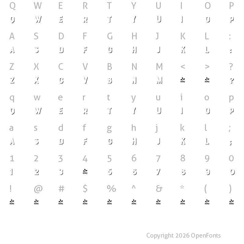 Character Map of FONTSPRING DEMO - Bourton Hand Drop Extrude Solo Regular