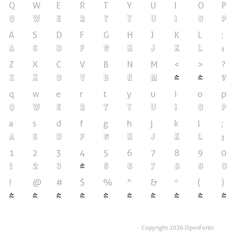 Character Map of FONTSPRING DEMO - Bourton Hand Extrude Outline Regular