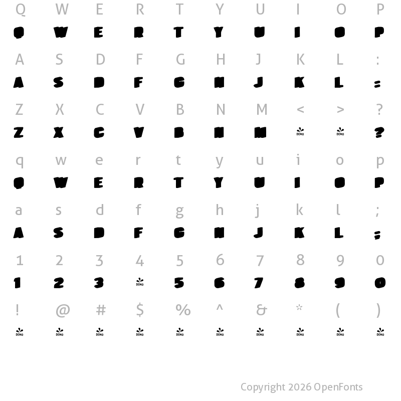 Character Map of FONTSPRING DEMO - Bourton Hand Extrude Shadow Regular
