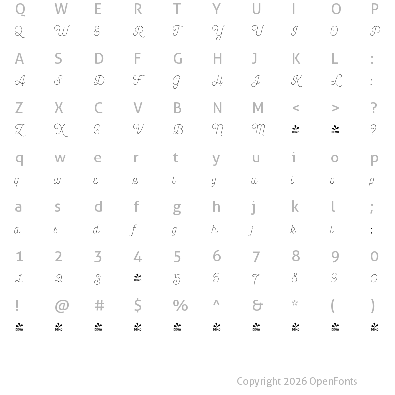Character Map of FONTSPRING DEMO - Bourton Hand Script Light Regular