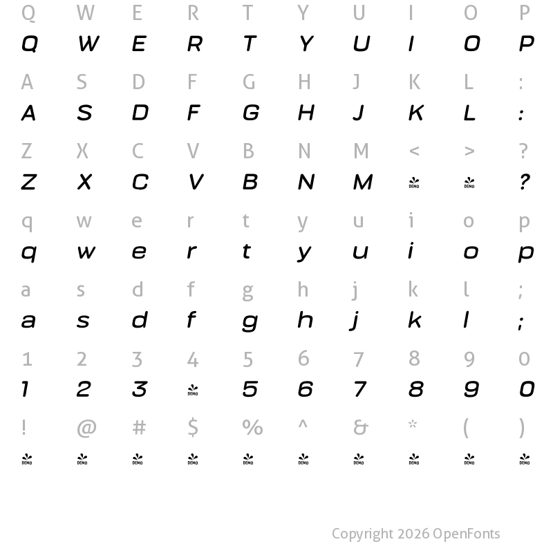 Character Map of FONTSPRING DEMO - Bourton Round SemiBold Wide Italic