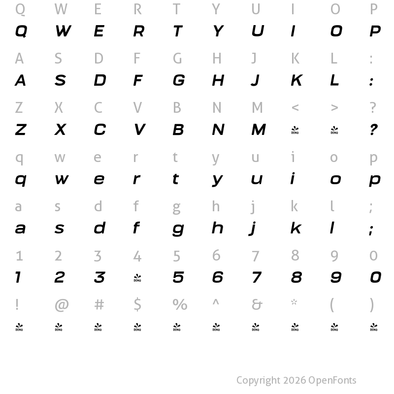 Character Map of FONTSPRING DEMO - Bourton Text Bold Wide Italic