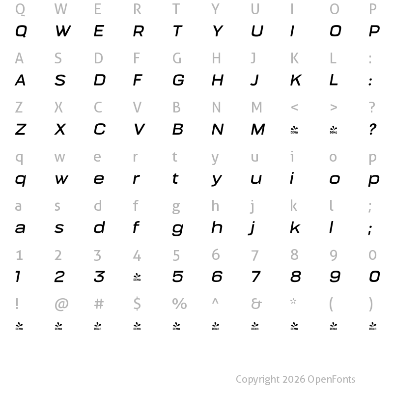 Character Map of FONTSPRING DEMO - Bourton Text SemiBold Wide Italic