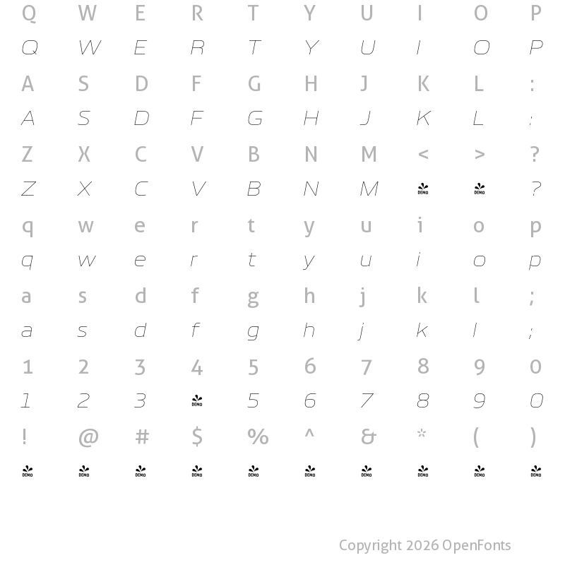 Character Map of FONTSPRING DEMO - Boxley Thin Italic