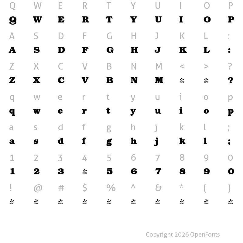 Character Map of FONTSPRING DEMO - Bozeman Bold