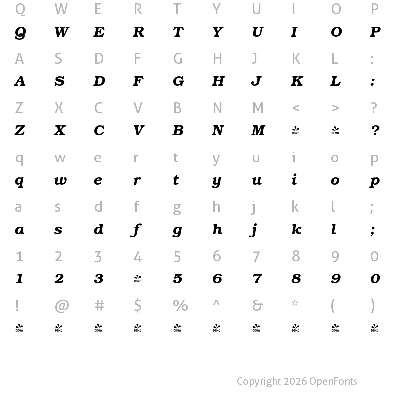 Character Map of FONTSPRING DEMO - Bozeman Light Bold Italic