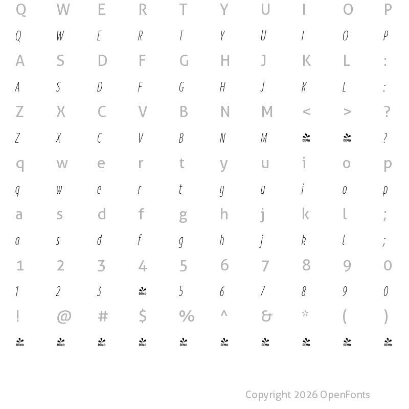 Character Map of FONTSPRING DEMO - Branding SF Cmp Light It Regular
